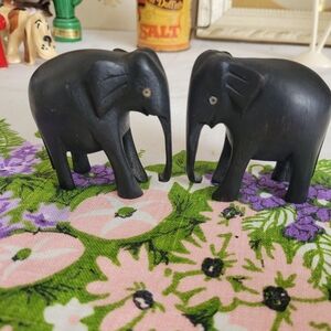 Black Carved Wood Elephant Figurines Set Of 2